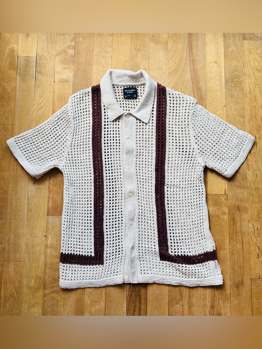 Abercrombie & Fitch Men's Open-Knit Polo Cream with Brown Trim